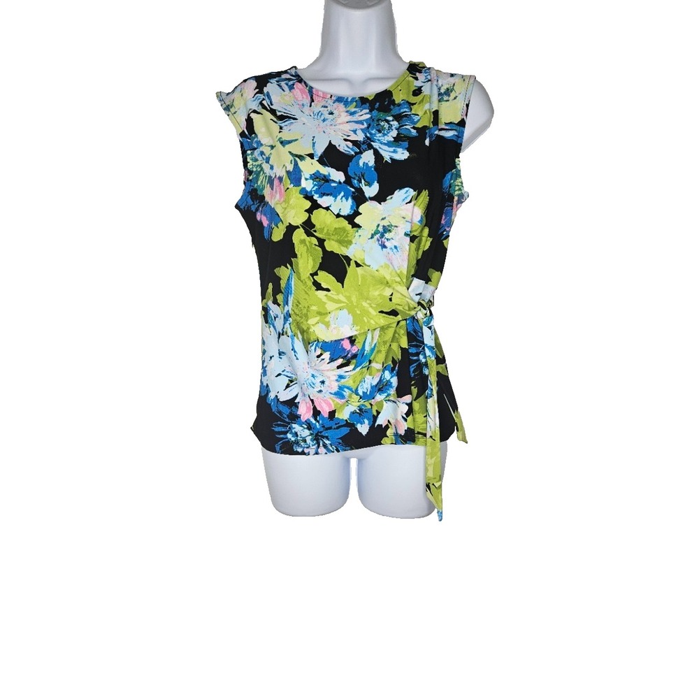 Kasper S Black Floral Side Tie Stretch Top Y2K Tropical Officecore Blouse